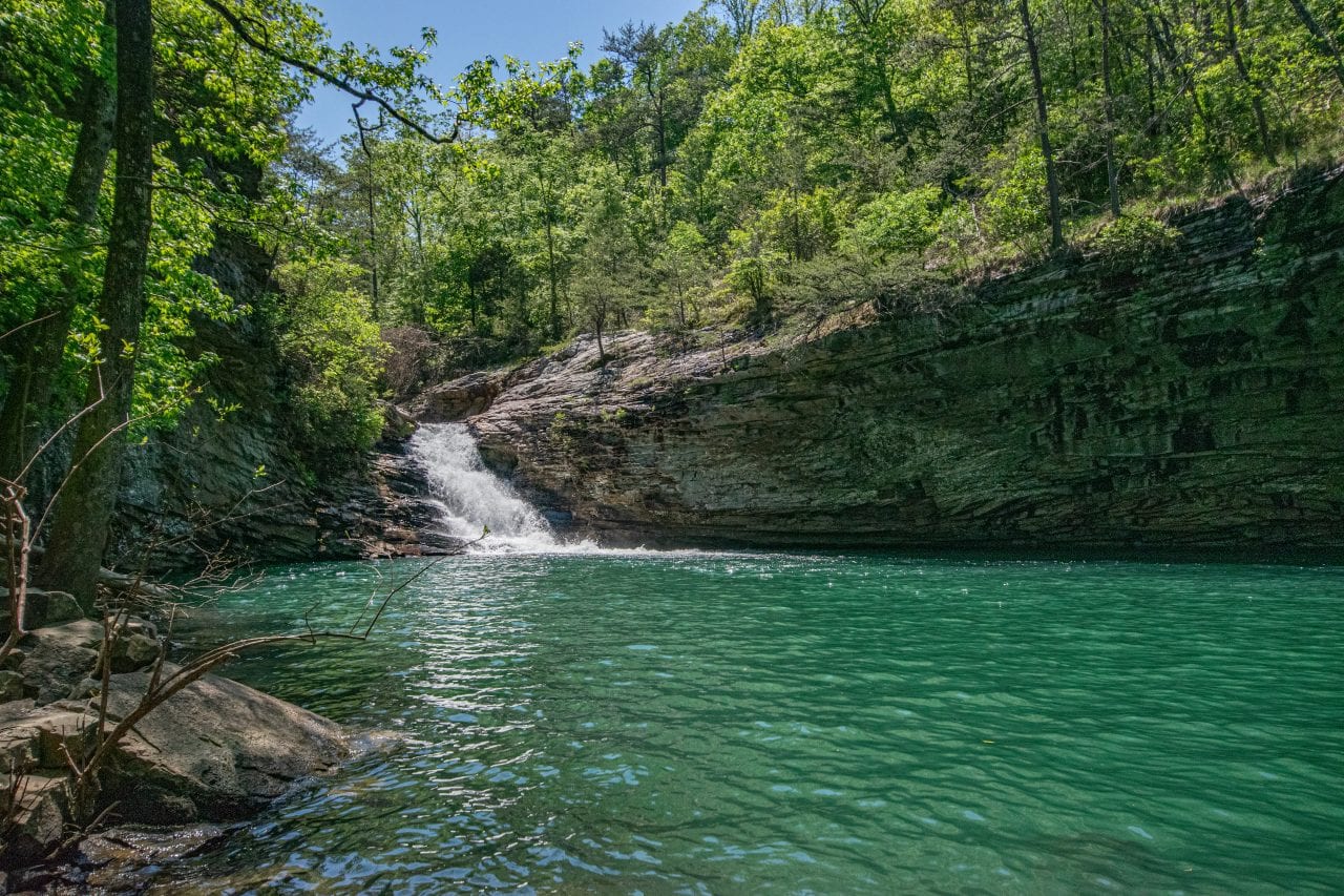 Beautiful view of a waterfall stream from a hiking outdoor activity at Lula Lake Land Trust.